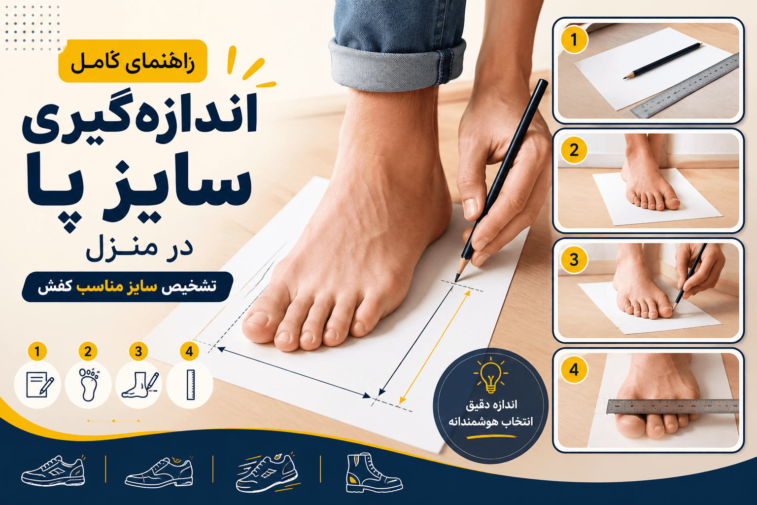 راهنمای کامل اندازه‌گیری سایز پا در منزل + جدول سایزبندی